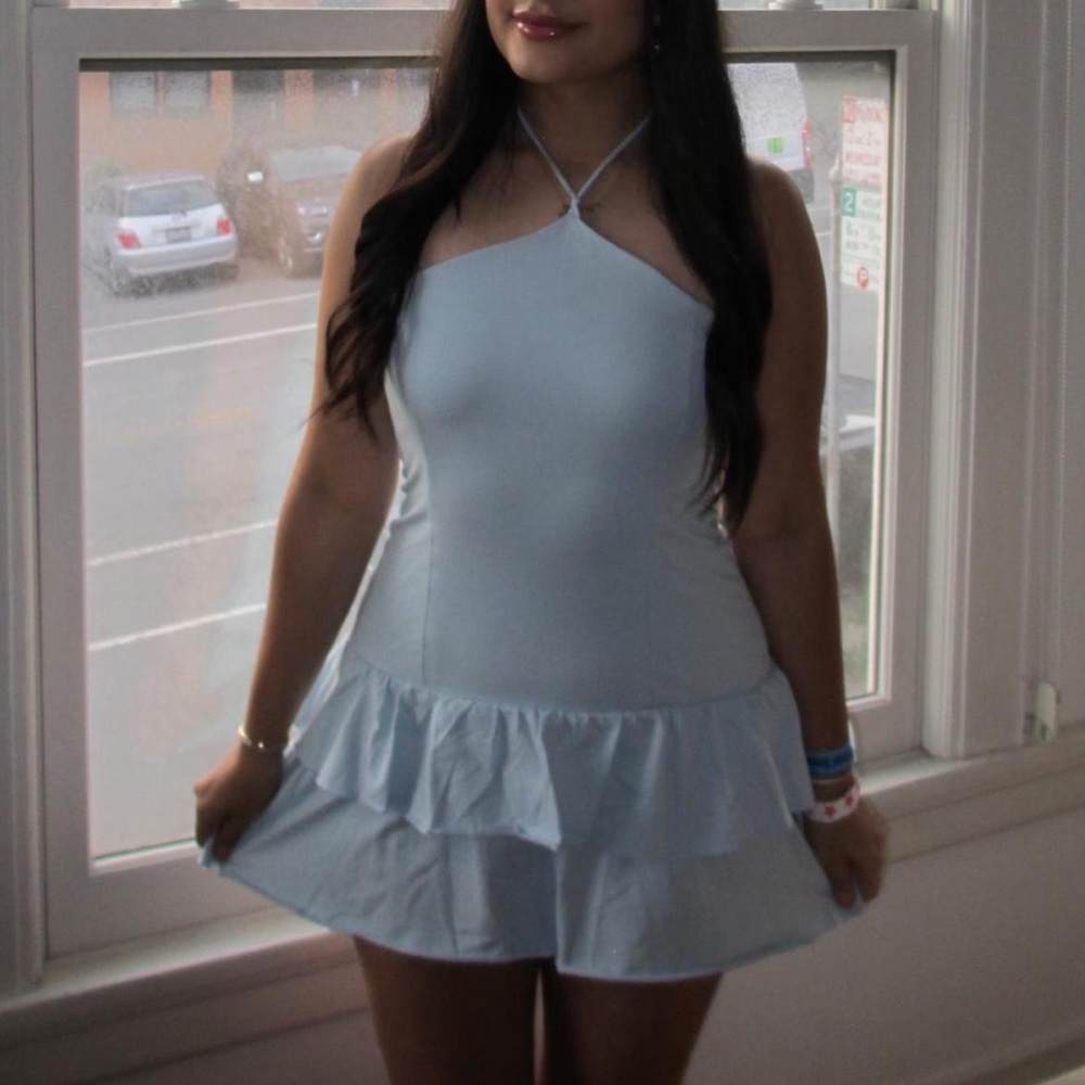Light Blue Halter Ruffle Mini Dress - Picture 3 of 3